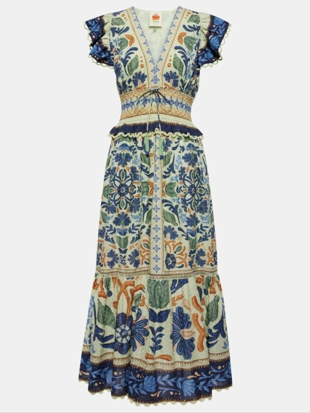 Farm Rio Ocean Tapestry cotton maxi dress XS Floral Bohemian Embroidered Ruffles - Picture 3 of 17
